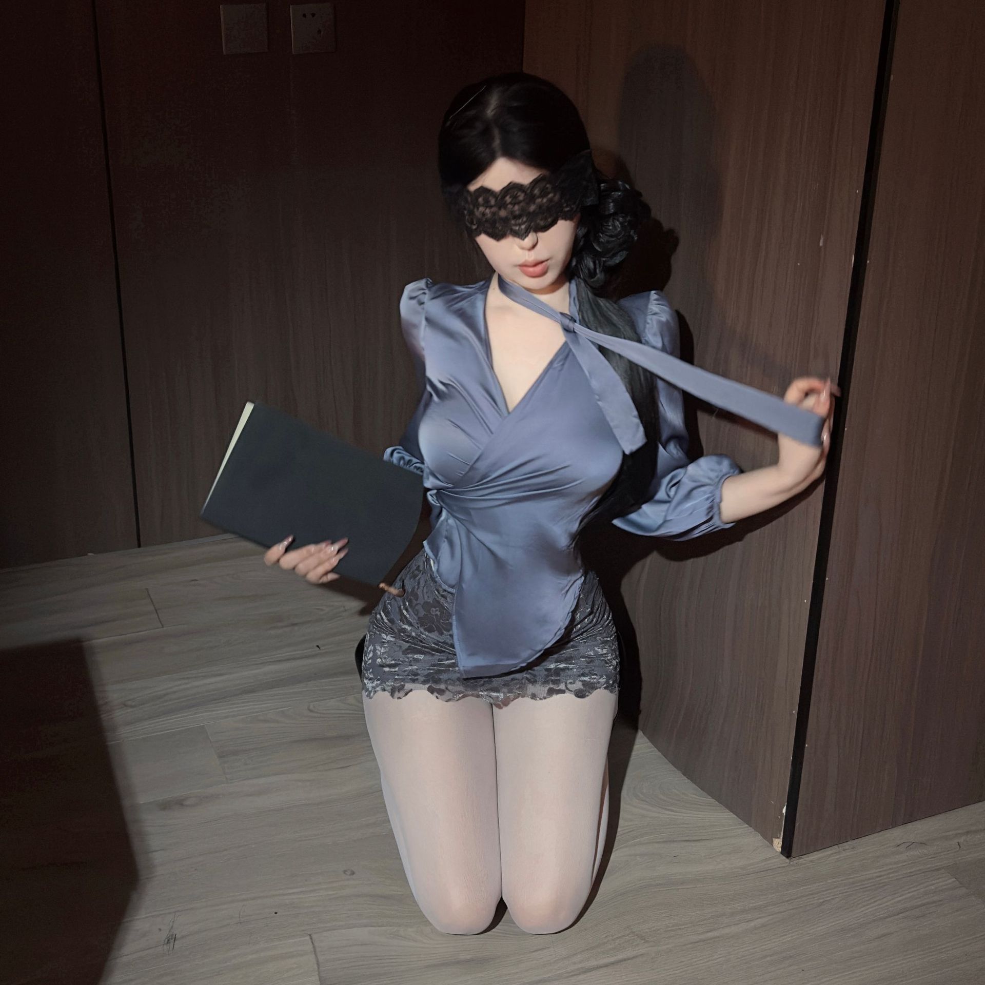 Secretary Roleplay Lace Bodycon Uniform Set with Ribbon Cleavage and Blue Stocking Combo — detail image 6