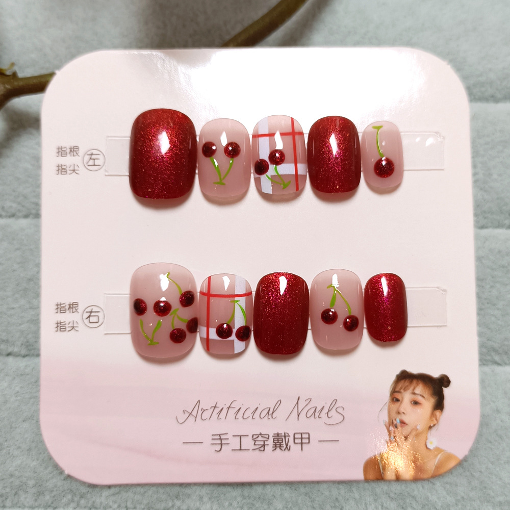 10 piezas de parche de uñas rojas decodificadas, ojo de gato de cereza, parche de uñas a mano, parche de uñas de alta calidad