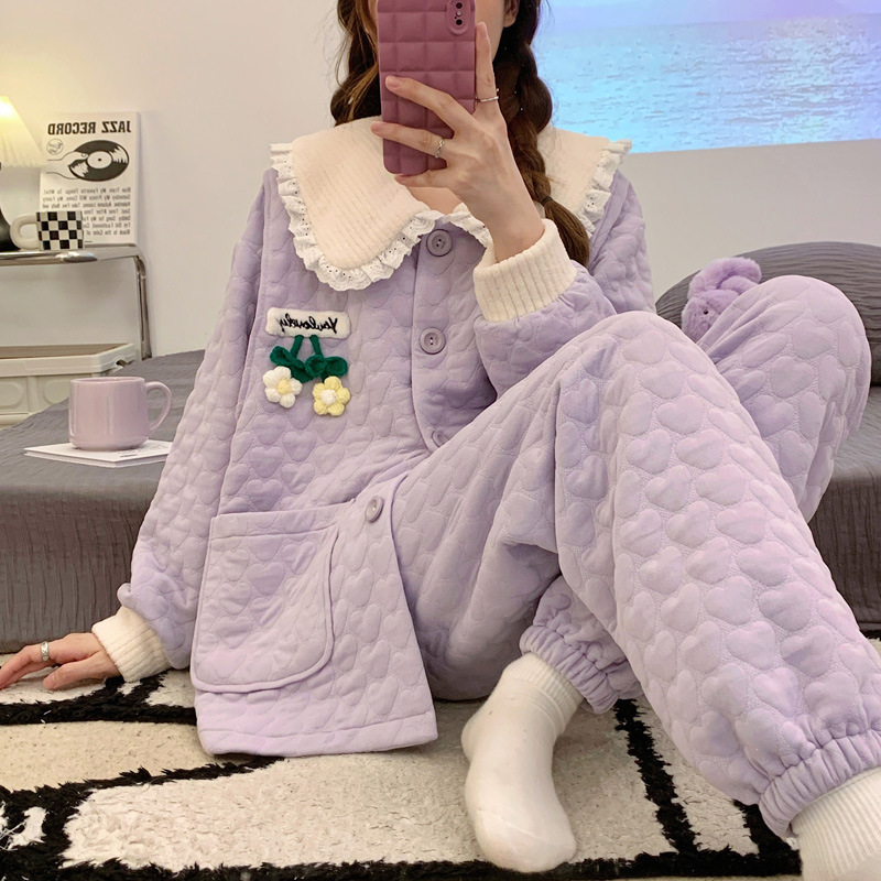 2024 순 붉은 임산부 산후 공기면 월간 의류 따뜻한 잠옷 세트 가을과 겨울 두꺼운 양로원 의류