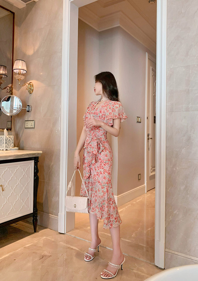 Váy maxi đuôi cá voan xếp tầng kiểu Pháp tay bồng che khuyết điểm — Màu xanh lá chi tiết 29