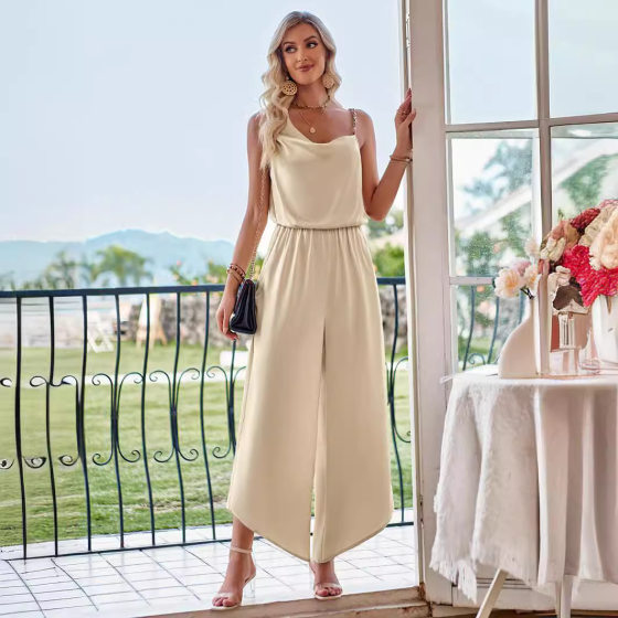 Summer fashion casual cross-border Women's independent station 2024 new solid color sling waist wide-leg jumpsuit