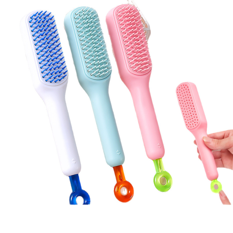 Peine de masaje con espejo, peine de limpieza automática telescópico y esponjoso con una tecla, no daña el cabello, peine de bolsa de aire mejorado antiestático