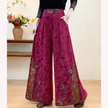提花棉麻裤子女2025秋季款松紧腰大码直筒裤民族风刺绣阔腿裤显瘦