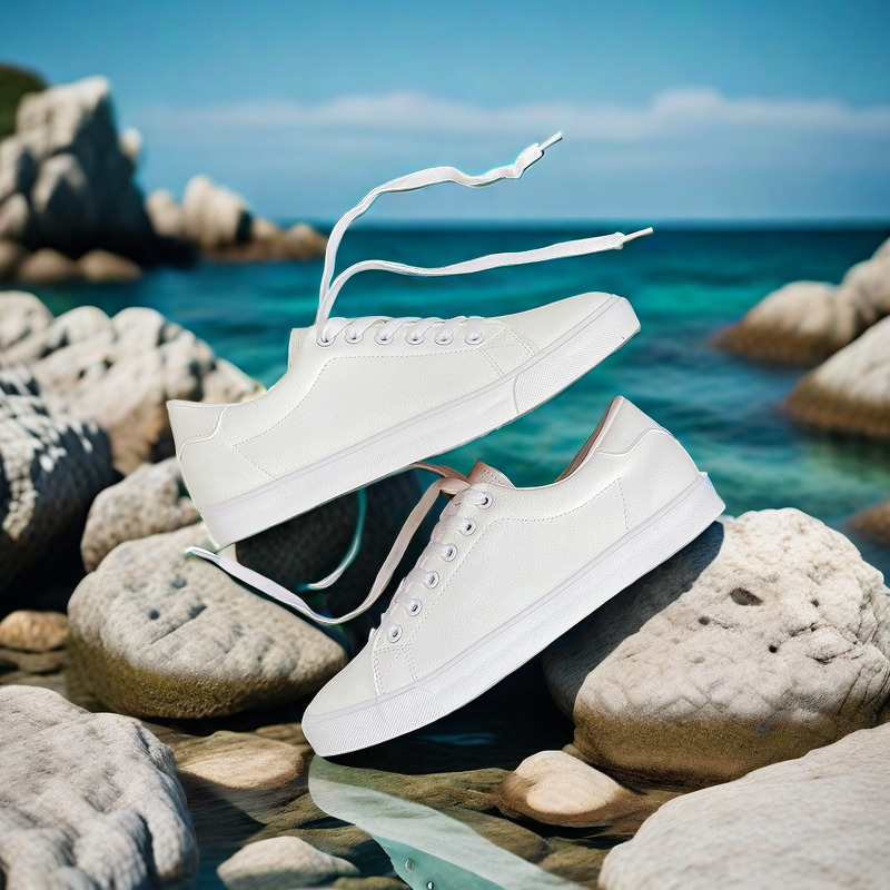 Caoutchouc petit blanc nouveaux trous de maille en cuir décontracté, à lacets d'été, chaussures de sport à fond plat pour étudiants, pour hommes_voghion.com