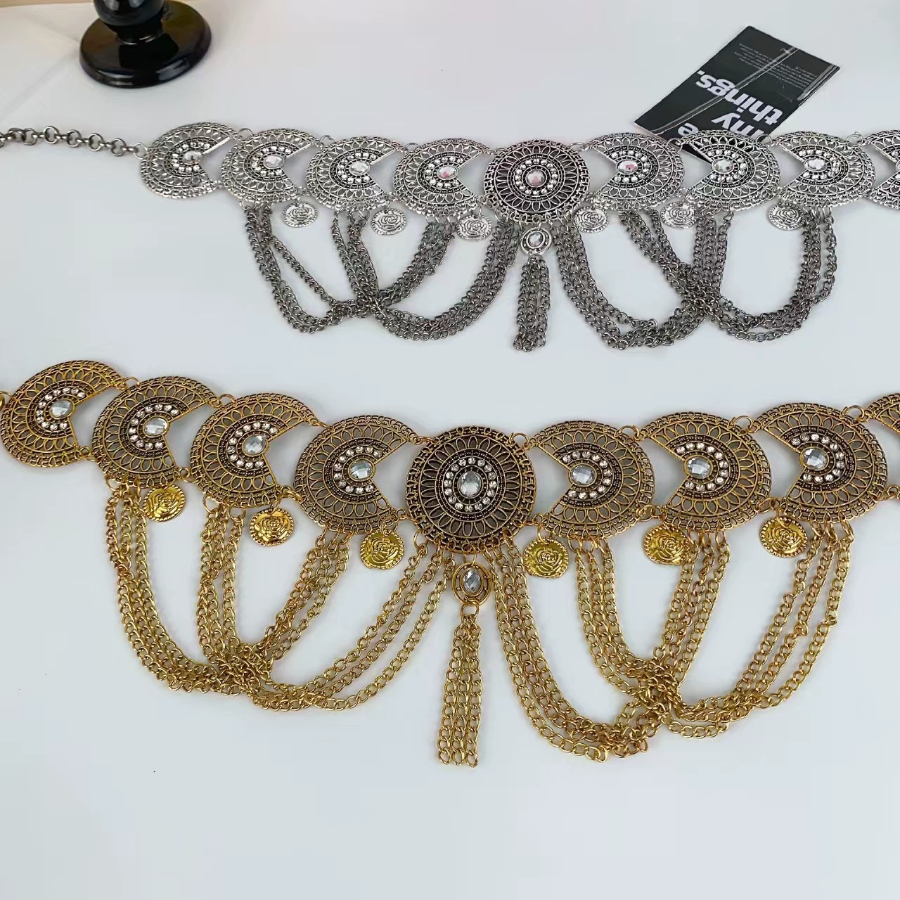 Retro chain with tassels, long coins, sophisticated accessory, high-quality style