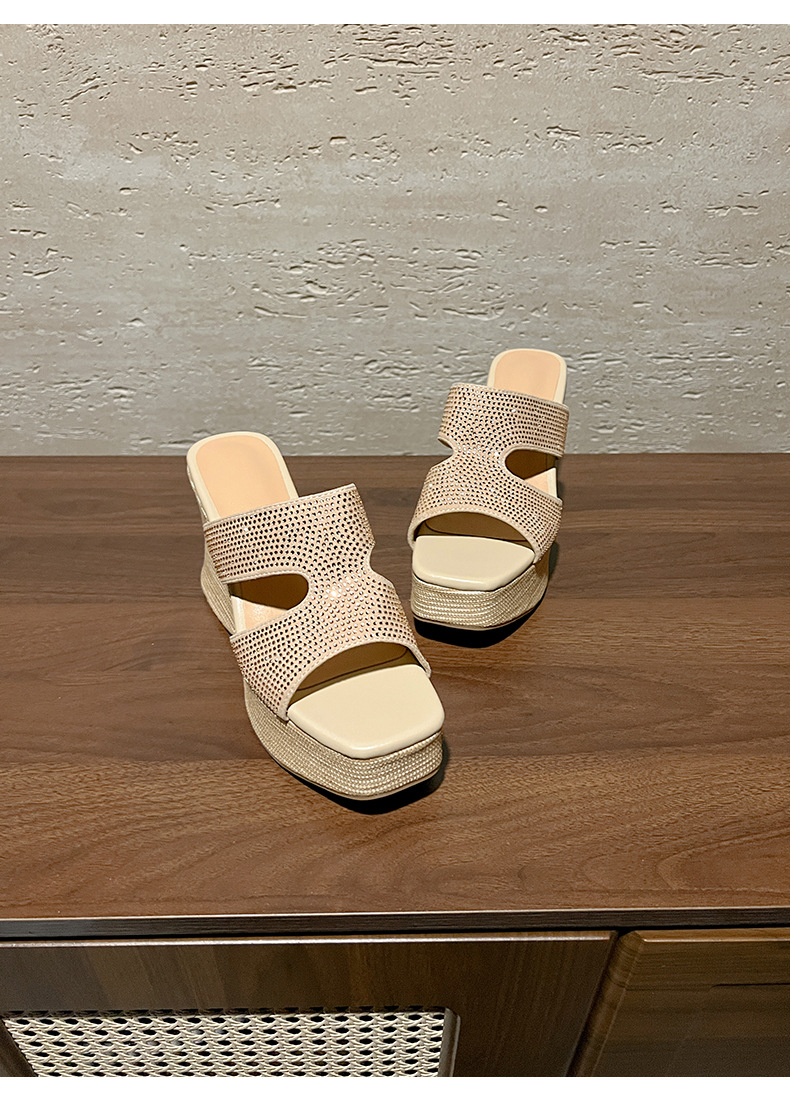 Sandal cao gót nữ đế xuồng đính đá quai ngang — màu đen, màu trắng ngà chi tiết 17