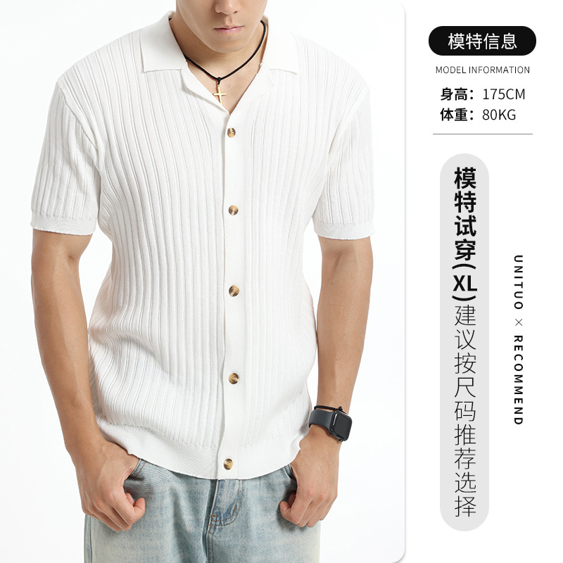 El estilo antiguo de la ventana de los hombres con solapa de seda de hielo polo de punto cardigan ligero de lujo texturas relajadas ropa de hombre casual camisa de manga corta hombre