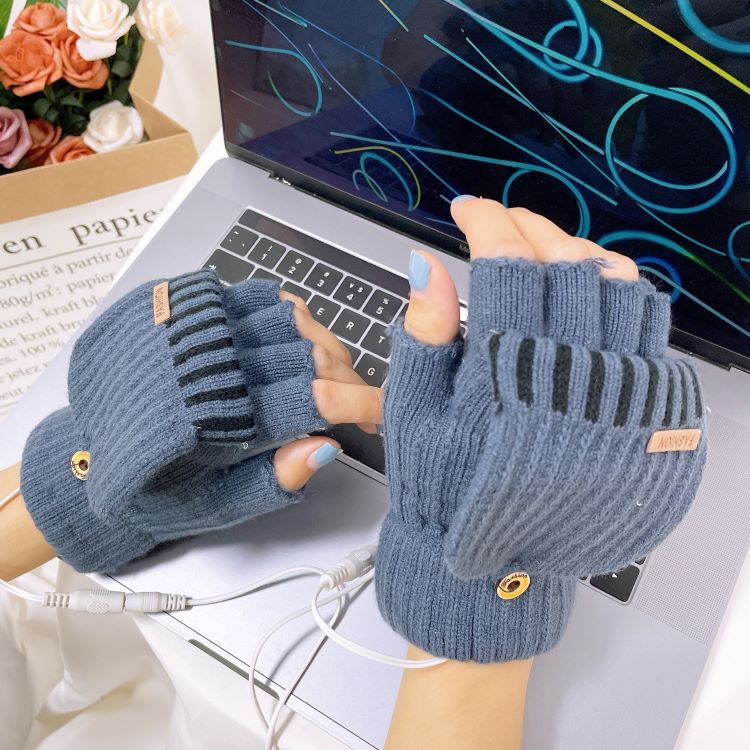 Heating Gloves USB warm gloves thickened alpaca texture flap half finger knitted cold outdoor_voghion.com