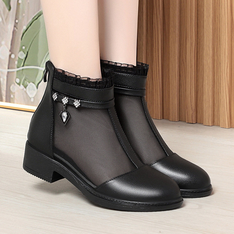 Boot lưới da thật cổ thấp gót giữa cho nữ — Trắng be (kiểu bao đầu)