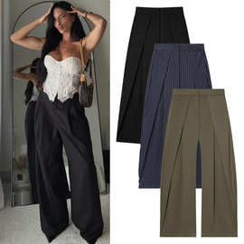 跨境条纹休闲阔腿长裤西装裤女夏薄款遛弯裤正装长裤速卖通