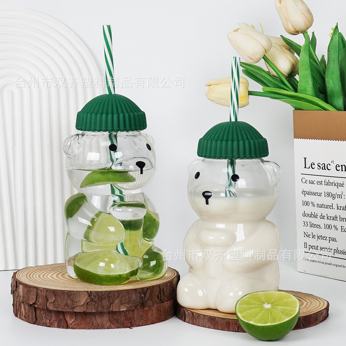 Cross-border Bearista Glass Straw Cup Teddy Bear Taza de agua adorable Bear Cup de agua de plástico taza de paja