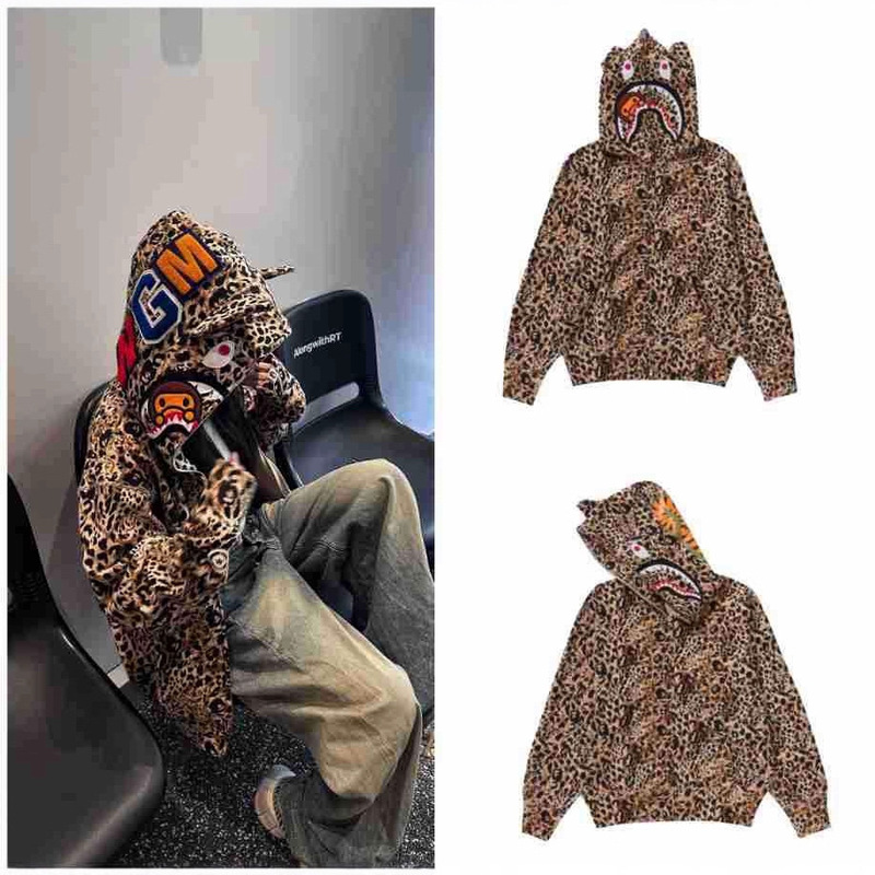 Yb Developed the Correct Version of Du's Colorless Patch Embroidery Leopard Print Cat Ear Hooded Zipper Fleece-Lined Autumn and Winter Sweatshirt