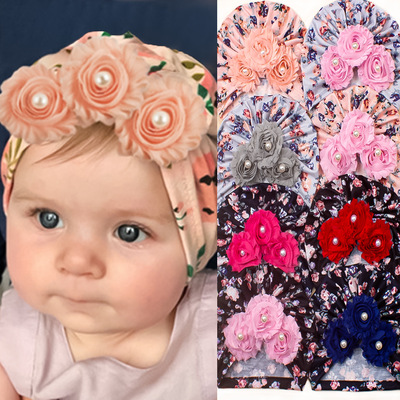 2pcs new baby soft printed floral hats  children hat sunflower bead turtleneck cap for toddlers