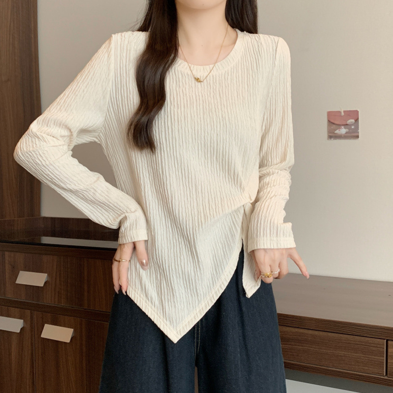 2025秋季新款胖mm大码设计感长袖T恤不规则收腰正肩打底上衣女|undefined