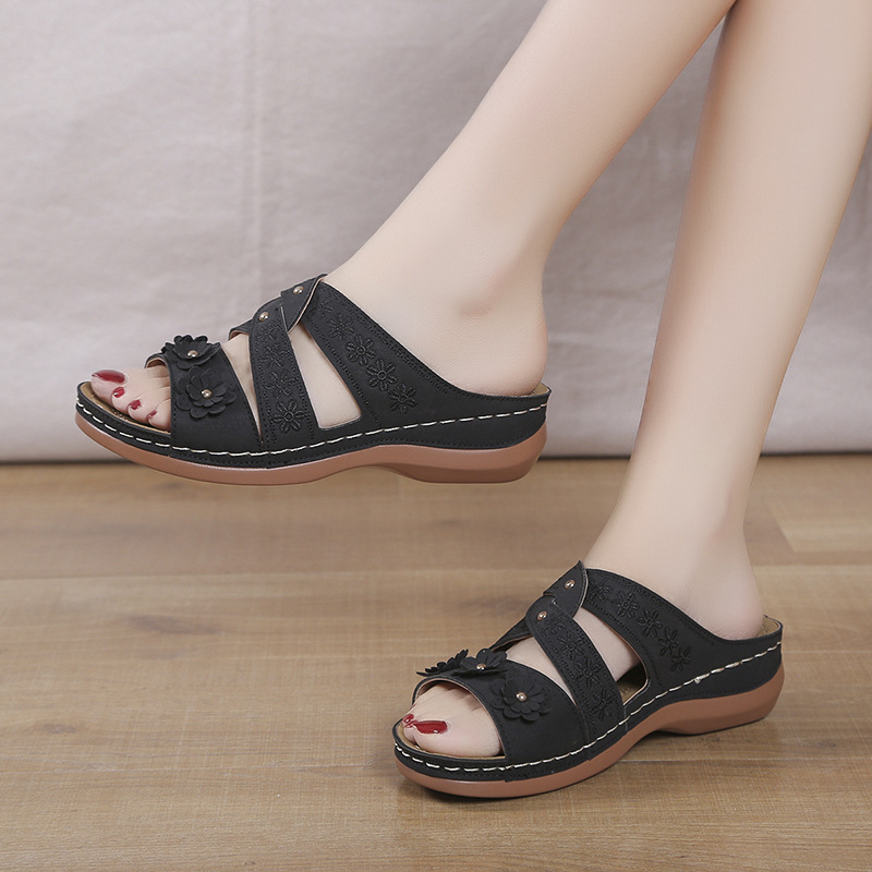 2025 Women's Cross-Border Aliexpress Wedge Heel Fish Mouth Thick Sole Export Large Size Shoes Multi-Color Embroidered Sandals Women's Non-Slip