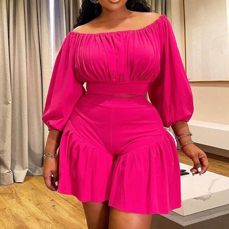 N8067 European and American Amazon Cross-border plus size Women's New Pleated Collar Fluffy Waist Casual Two-piece Set