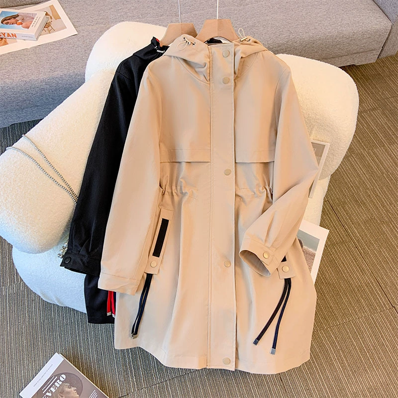 Очень большой демисезонный trench coat, модная куртка с капюшоном, slim fit, для полных женщин