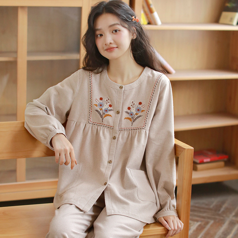 秋季睡衣女新款纯棉磨毛高级感女士刺绣全棉磨毛居家秋冬季套装