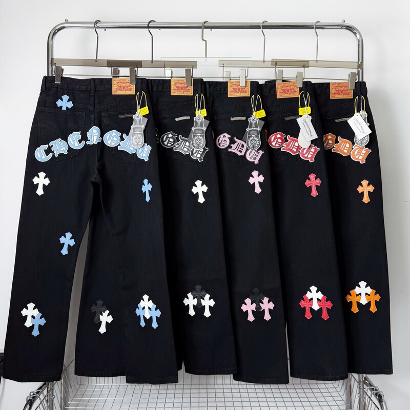 Correct Version Ch Crow Cross Leather Label Washed Jeans Couple Street Loose Denim Pants Wholesale