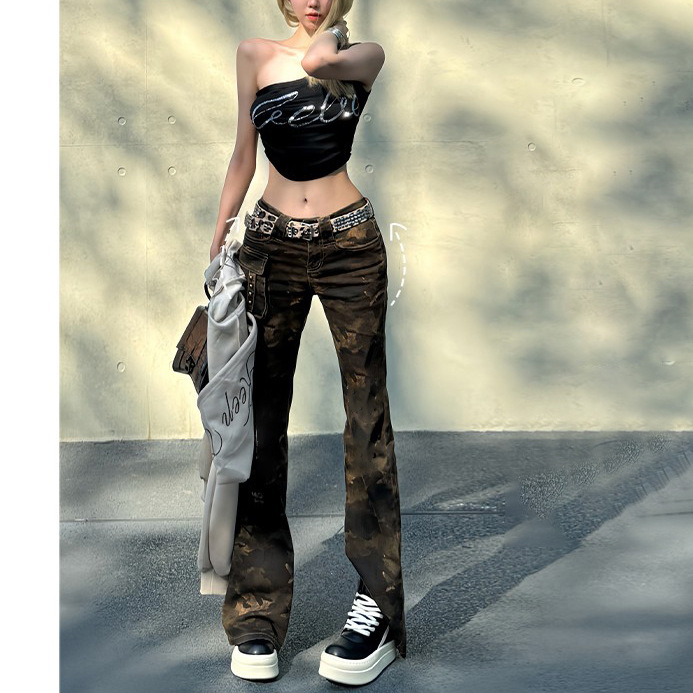 Hot Girl Low-Waist Camouflage Flared Jeans for Women, 2026 Spring and Autumn New Slim-Fit Workwear Flared Pants