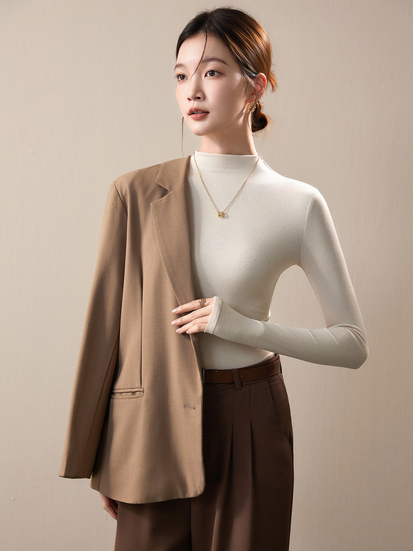 半高领打底衫女2025新款春秋季内搭咖色长袖t恤早秋修身针织上衣|undefined