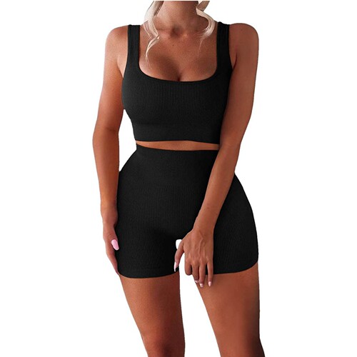 Ladies Sexy U-Neck Backless Top Two-Piece Set Ribbed Backless Top High-Waisted Shorts Yoga Wear