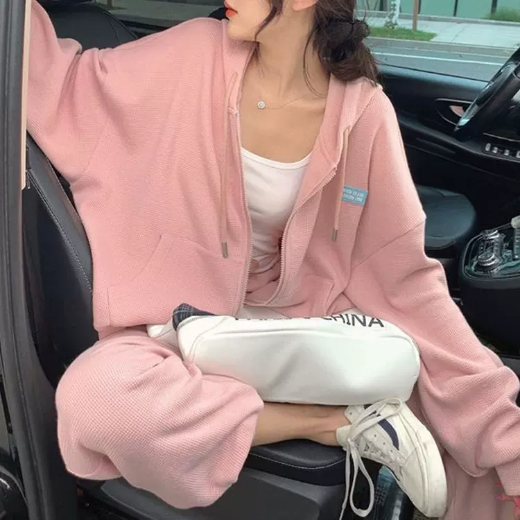 华夫格简约运动套装女春秋季新款学生韩版宽松时尚卫衣休闲两件套