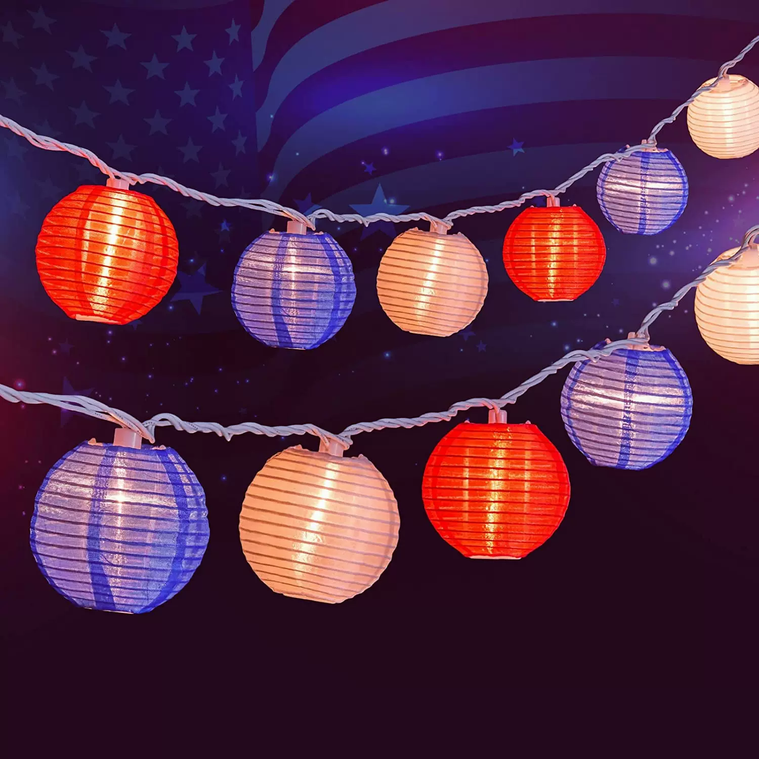 红白蓝灯笼灯串 led户外庭院装饰灯灯笼串灯 国旗独立日氛围彩灯