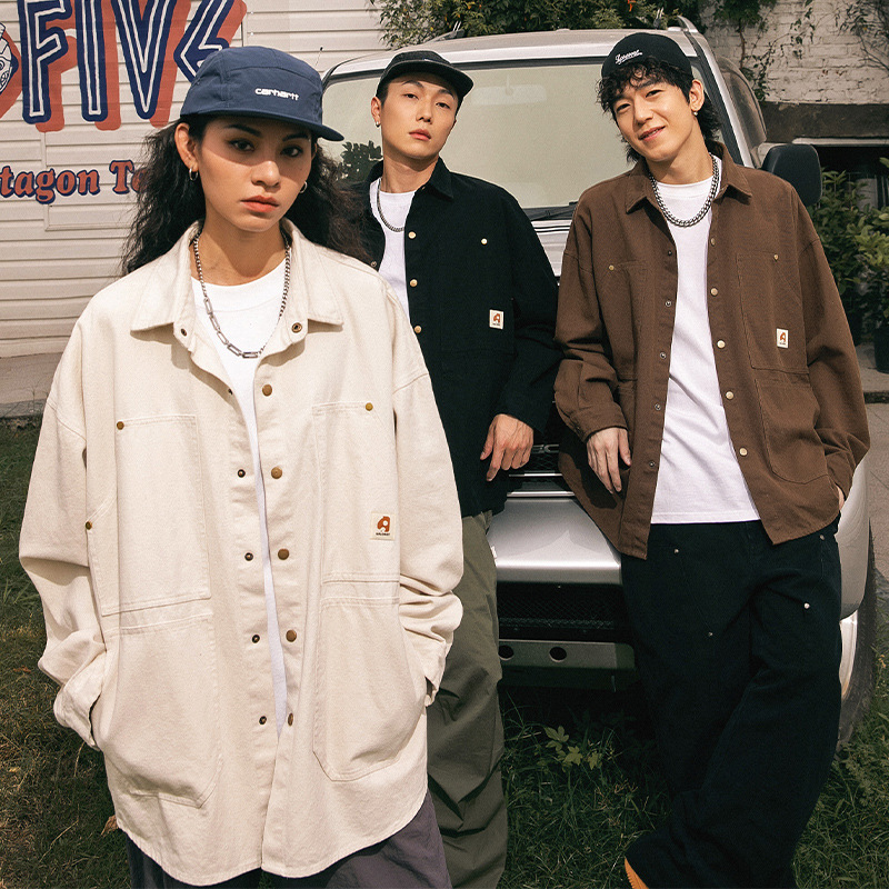 Camisa de manga larga de algodón puro retro americana lavada, nueva camisa holgada de primavera para mujer, estilo urbano, para parejas, tipo chaqueta q