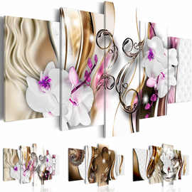 现代简约五联三色白花抽象画 喷绘画 创意沙发背景墙装饰画挂画