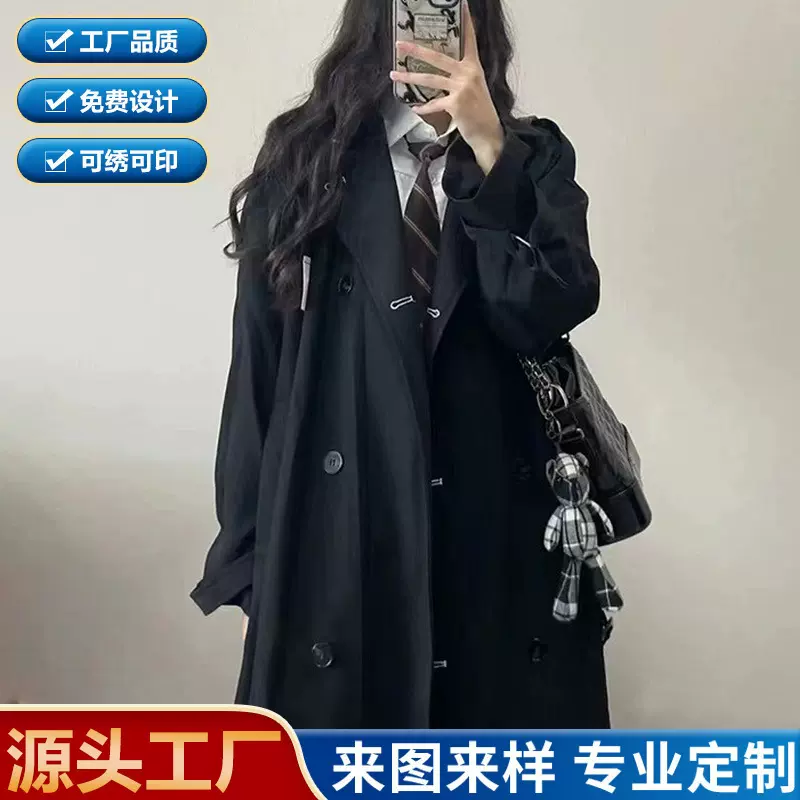 跨境高级感女装黑色风衣女中长款2025年早春秋新款小个子大衣外套
