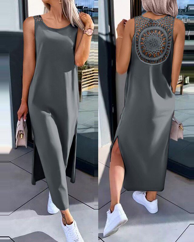 ヨーロッパとアメリカンスタイルの対外貿易婦人服レース中空サスペンダードレスノースリーブスリットベストスカート膝上ミドル丈スカート夏|undefined