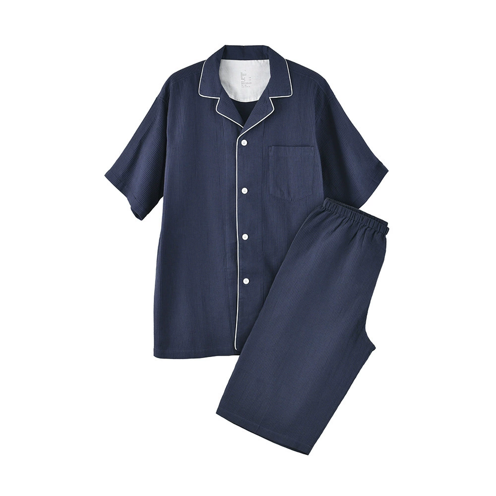 Комплект домашней одежды из чистого хлопка в японском стиле, без рисунка, мужские и женские пижамы с короткими рукавами, тонкий вариант для весны и лета, брюки три четверти для пар.