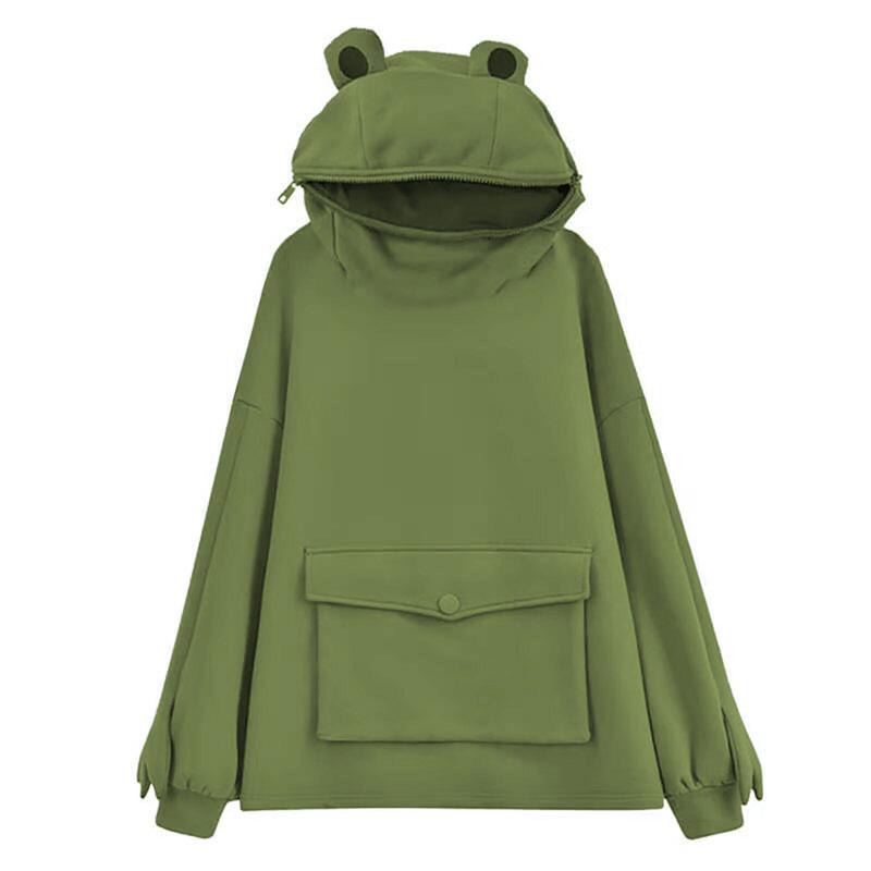 Japan Foreign Trade New Fleece Cartoon Hooded Sweatshirt Love Super Cute Frog Lazy Style Coat Women