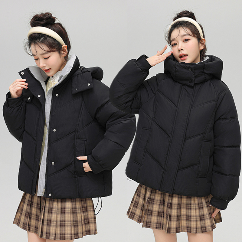 Algodón mujer 2025 otoño y invierno nuevo estilo coreano corto engrosado plumón chaqueta de algodón pequeño suelto chaqueta con capuzas de color contraste