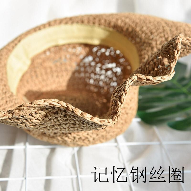 折り畳み可能な草編み帽子レディース春夏通気性サンシェード屋外旅行日焼け止め帽子ビーチ紫外線防止|undefined
