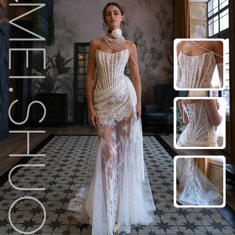 Strapless Lace Fishbone Waist-Cinching Long Gown with Sheer Mesh Patchwork, Ruched Side Straps, and Bodycon Fit Strapless Lace Fishbone Waist-Cinching Long Gown with Sheer Mesh Patchwork, Ruched Side Straps, and Bodycon Fit
