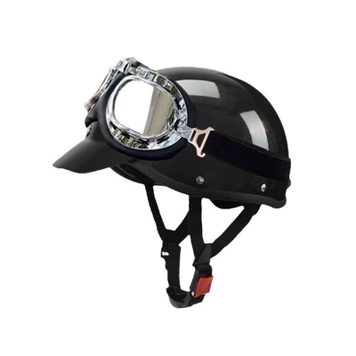 Half Helmet Four Seasons Riding — Motosiklet kaskı (dəbilqə) - 3c-black-brim-transparent-goggles-free-size-55-62-head-circumference