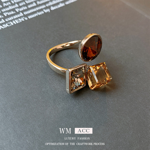 Real gold electroplated zircon square circle open ring, high-end niche temperament ring, 2024 new ring