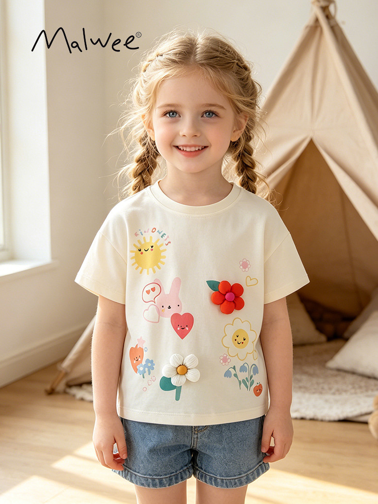 Malwee ropa para niñas estilo occidental verano nuevo estilo europeo y americano niños pequeños y medianos cuello redondo manga corta linda niña camiseta casual