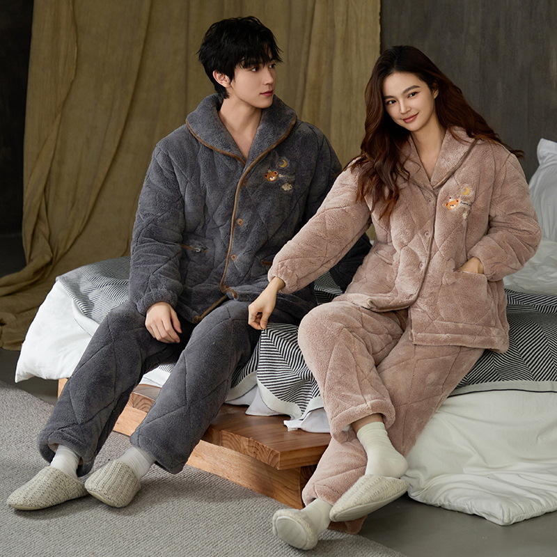 Tres capas gruesas de algodón acolchado pareja pijama de coral vello de invierno para hombres y mujeres ropa doméstica de algodón chaqueta se puede usar fuera