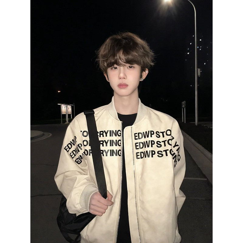 Cross-border 2026 Khaki Leather Jacket with Letter Print American Baseball Style Men's Spring and Autumn Oversized Cool Jacket