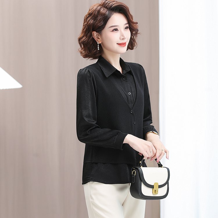 2025新款中老年妈妈春秋装假两件衬衫中年女装打底衫洋气长袖上衣|undefined