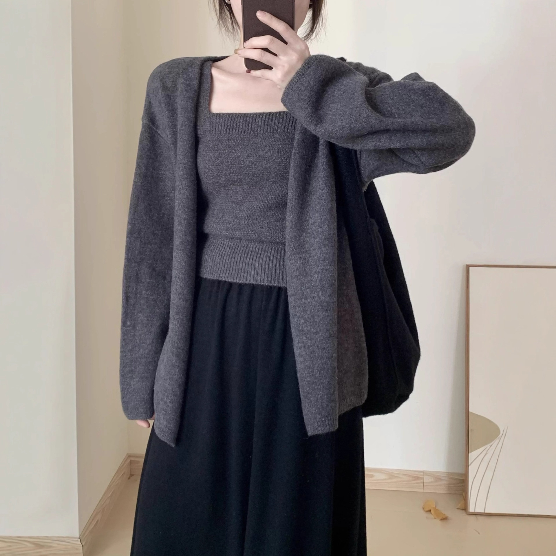 Solid Color Lazy Style Knitted Cardigan Jacket Vest Two-Piece Set Autumn and Winter New Fashion Versatile Sweater Suit