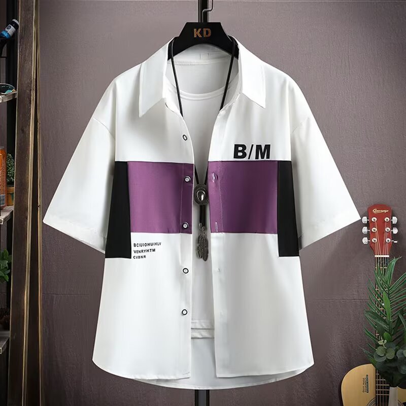Short-Sleeved Shirt Men's Summer Ice Silk New Trendy Brand Personalized Contrasting Color Splicing Casual Inch Shirt Loose Hong Kong Style Shirt Short-Sleeved Shirt Men's Summer Ice Silk New Trendy Brand Personalized Contrasting Color Splicing Casual Inch Shirt Loose Hong Kong Style Shirt
