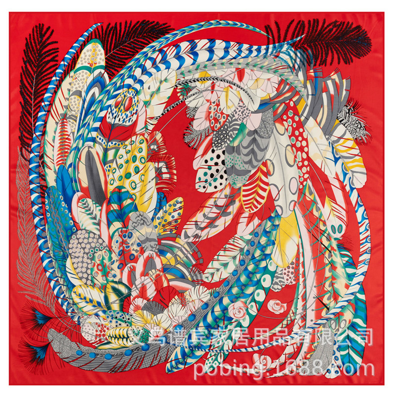 European Twill Silk Square Scarf Color Feather Printing Female Headscarf Shawl Scarf display picture 1