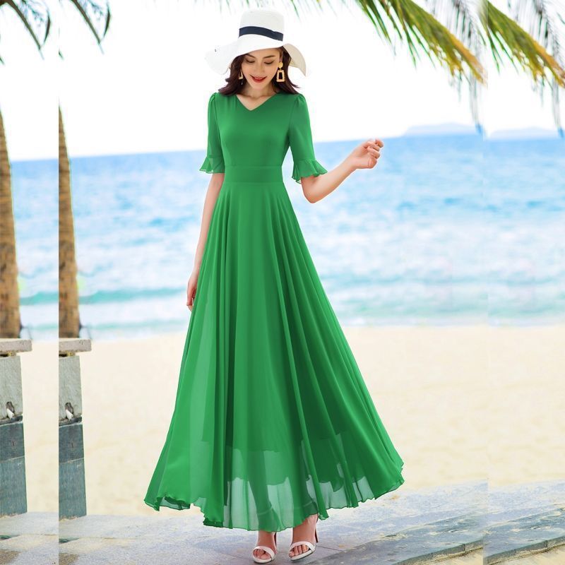 Mid-Length Chiffon Dress with Large Hem, Slimming Plus Size, Suitable for Sanya Vacation, Beach Dress, Flowing Dance Long Dress