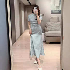 云落青裳【云蓝序】新中式复古改良旗袍女夏季暗纹提花短袖连衣裙