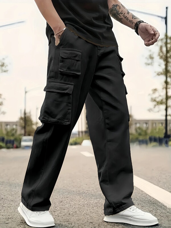 Cross-Border Popular Casual Pants for Men, Spring and Autumn Cargo Pants, Youth Slim Outdoor Multi-Pocket Pants, Casual Straight Wide Pants