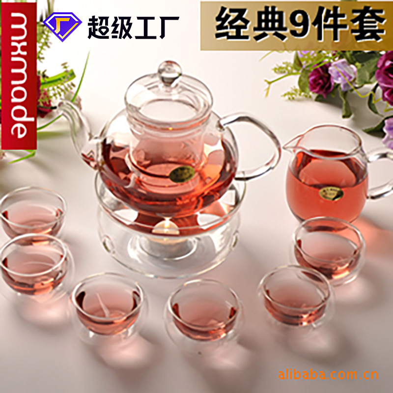 Juego de té de vidrio transparente traje de Kung Fu flores y plantas tetera borosilicato resistente al calor resistente a altas temperaturas vidrio Xuan al por mayor